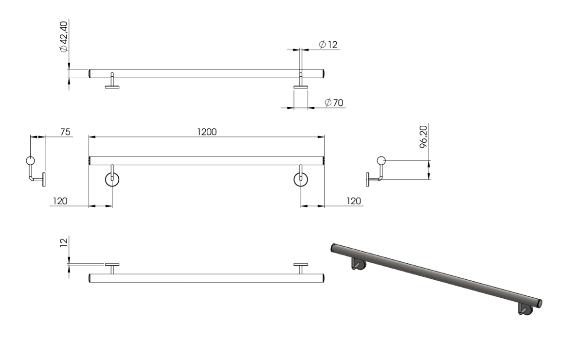 Handlauf montagefertig, Länge 1200 mm, mit 2 Handlaufhaltern und Endkappen, V2A