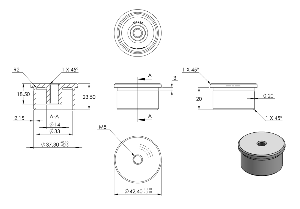 Zeichnung Stopfen für Rohr Ø 42,4 x 2,5 mm, Gewinde M8
