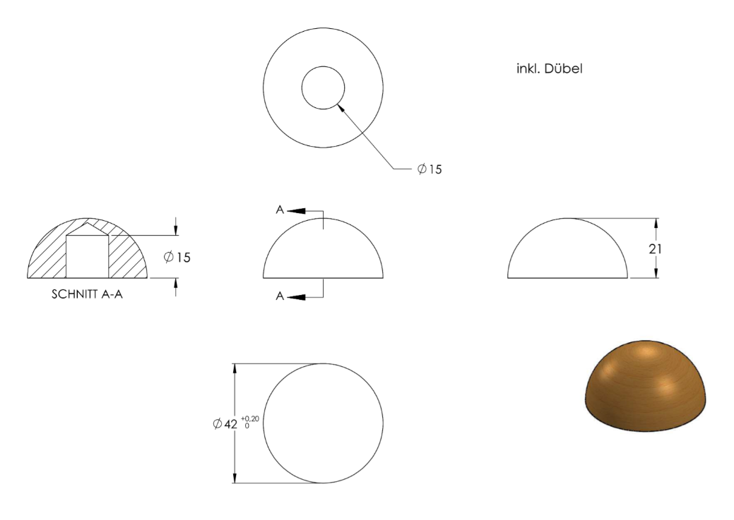 Endstück halbrund für Holzhandlauf, Ø 42 mm, geschliffen und lackiert, für den Innenbereich