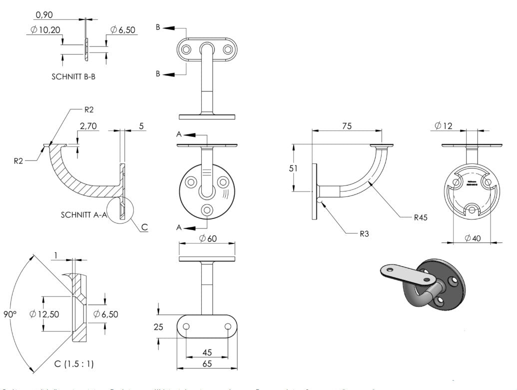 Zeichnung Handlaufhalter mit Anschlussplatte flach