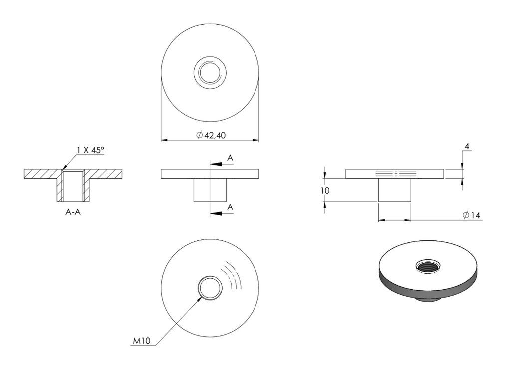 Zeichnung Rohrabschlussplatte mit Gewinde M10 für Rohr Ø 42,4 mm