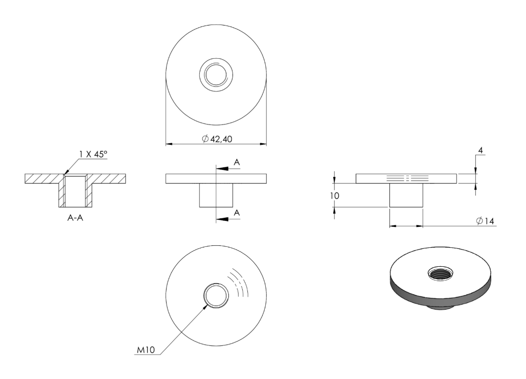 Zeichnung Rohrabschlussplatte mit Gewinde M10 für Rohr Ø 42,4 mm