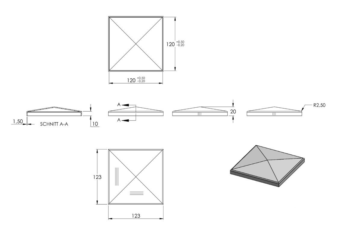 Zeichnung Pyramidenkappe für Rohr 120 x 120 mm