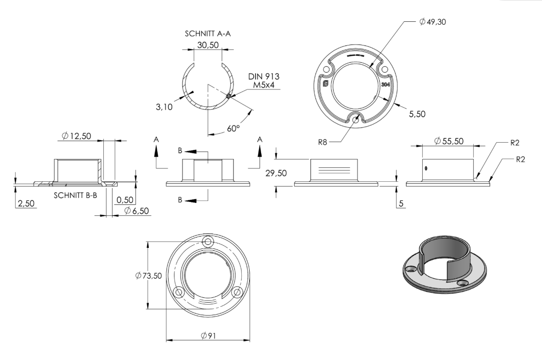 Zeichnung Wandhalter für Nutrohr Ø 48,3 mm