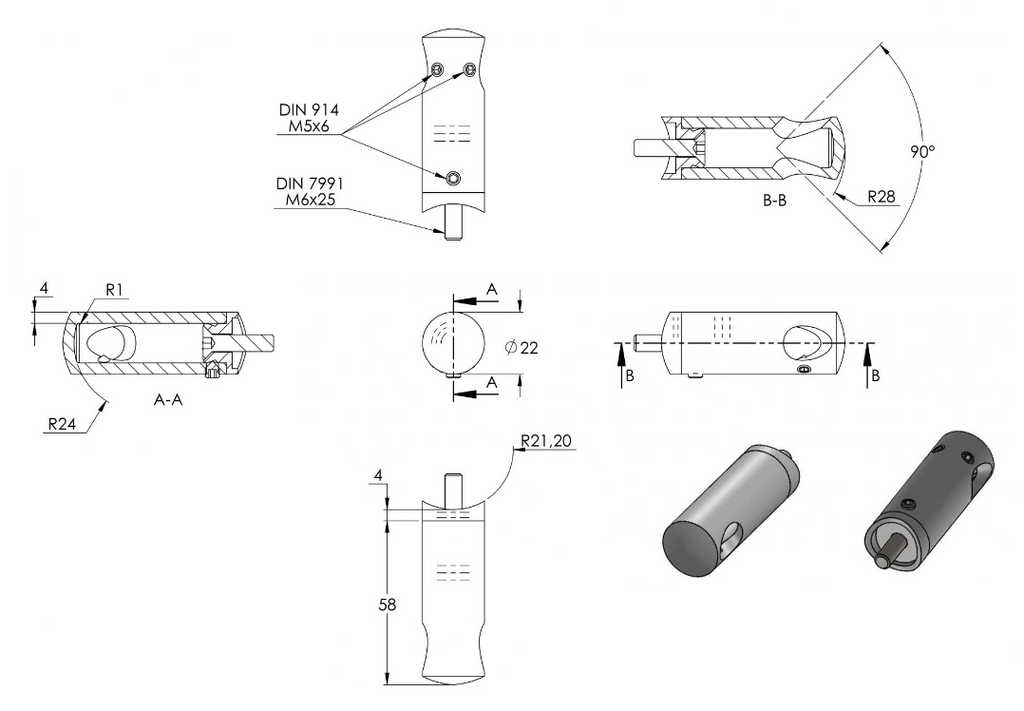 Querstabhalter Ø 22 mm, für 90° Innenecke, mit Durchgangsbohrung, V2A / V4A
