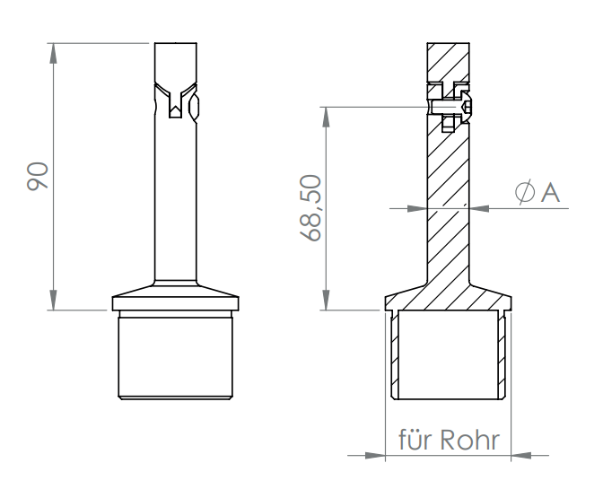 Handlaufstütze Edelstahl aus einem Stück, mit Gelenkstift, zum Anschweißen des Handlaufs, V2A / V4A