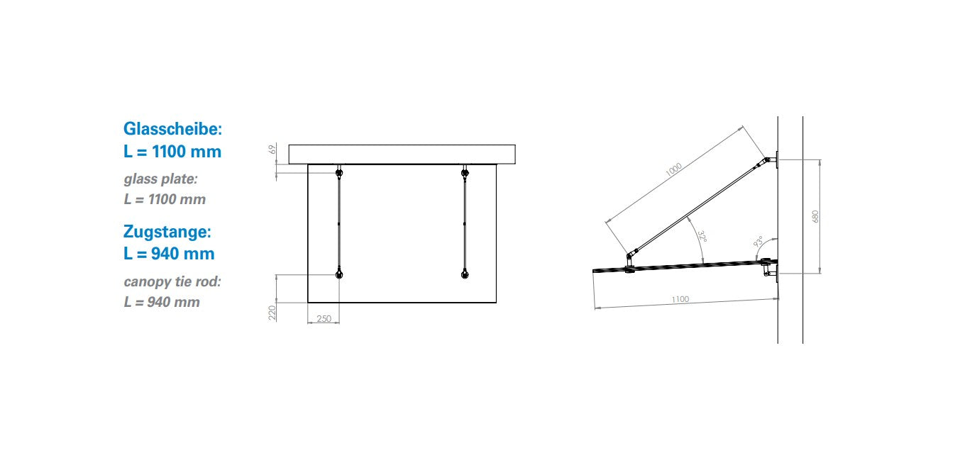 Montageempfehlung: Glasscheibe L 1100 mm, Zugstange L 940 mm