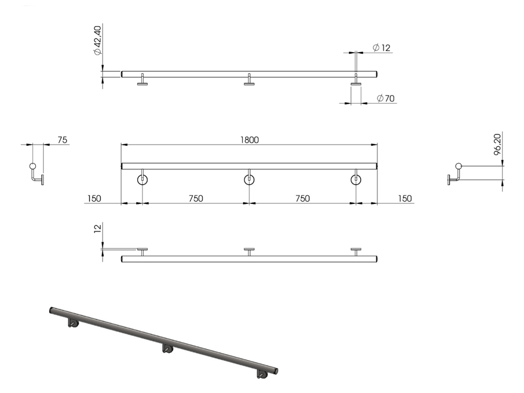 Handlauf montagefertig, Länge 1800 mm, mit 3 Handlaufhaltern und Endkappen, V2A