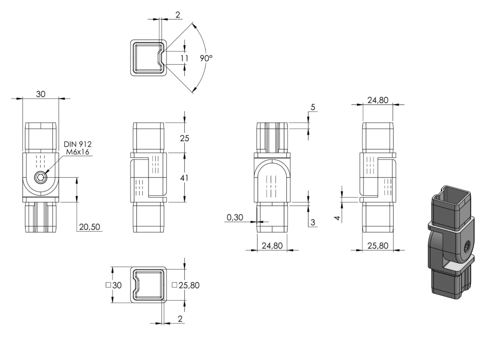 Zeichnung Quadratrohr-Verbinder für Rohr 30 x 30 x 2,0 mm