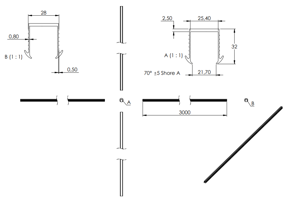 Zeichnung Keildichtung für Glasstärke 24.76 - 25.52 mm, Länge 3 m