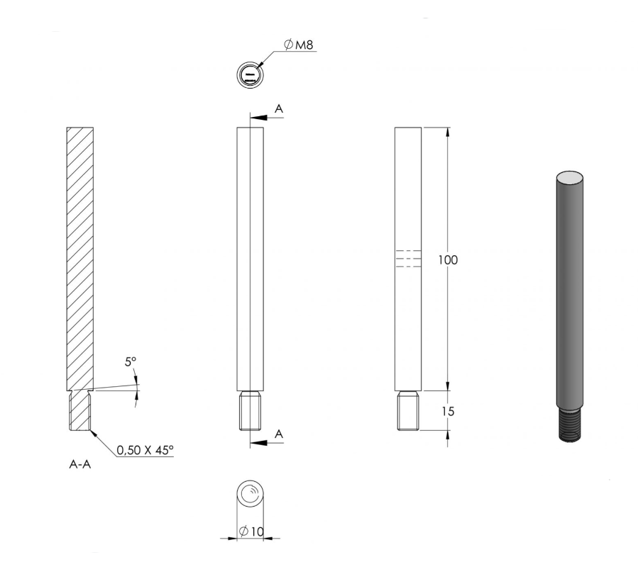 Zeichnung Stift Ø 10 mm, Länge 100 mm, Gewinde M8