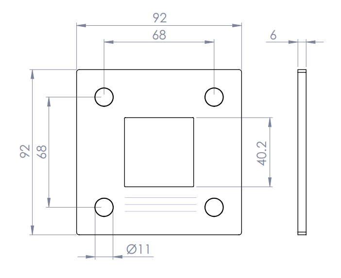 Edelstahl Ankerplatte quadratisch, ohne Fase, 4 Bohrungen und Mittelbohrung, Längsschliff, V2A