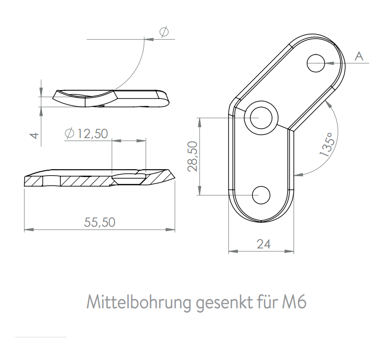 Handlaufanschlussplatte 135°, zum Vernieten / zum Verschrauben, V2A / V4A