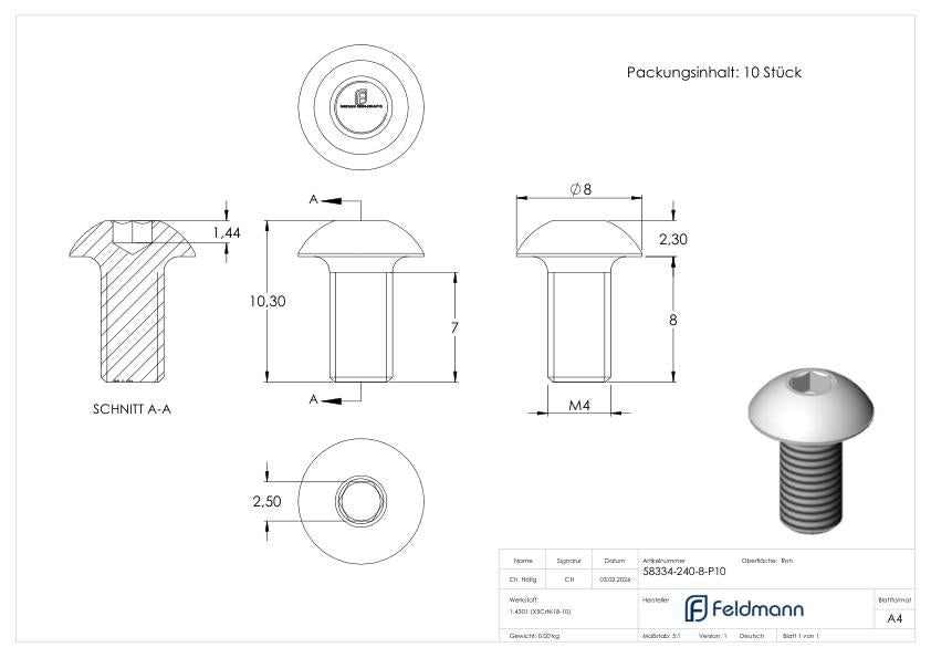 LUNORA® 10er Schrauben Set, zur Befestigung im Edelstahl Nutrohr 42,4mm