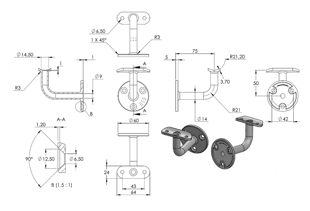 Zeichnung Handlaufhalter mit Anschlussplatte Ø 42,4 mm