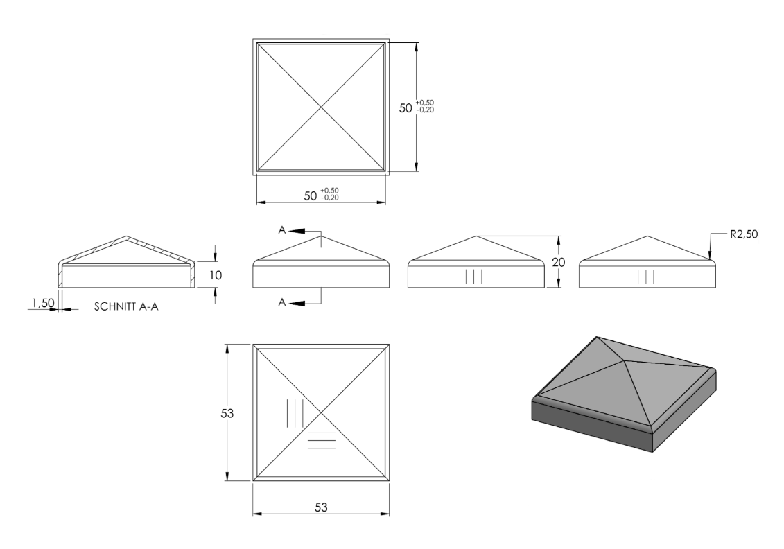 Zeichnung Pyramidenkappe für Rohr 50 x 50 mm