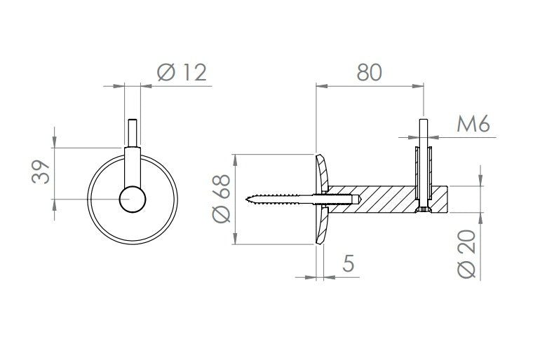 verschraubter Handlaufhalter mit Durchgangsbohrung, Stockschraube und Linsenkopfschraube, V2A