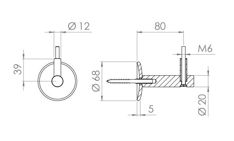 verschraubter Handlaufhalter mit Durchgangsbohrung, Stockschraube und Linsenkopfschraube, V2A