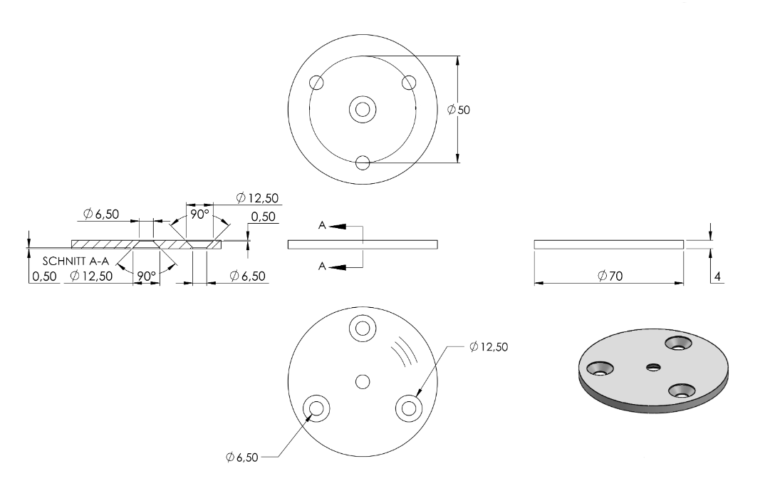 Edelstahl Ronde für Handlaufhalter, ohne Fase, Mittelbohrung und 3 Bohrungen, Rundschliff, V2A