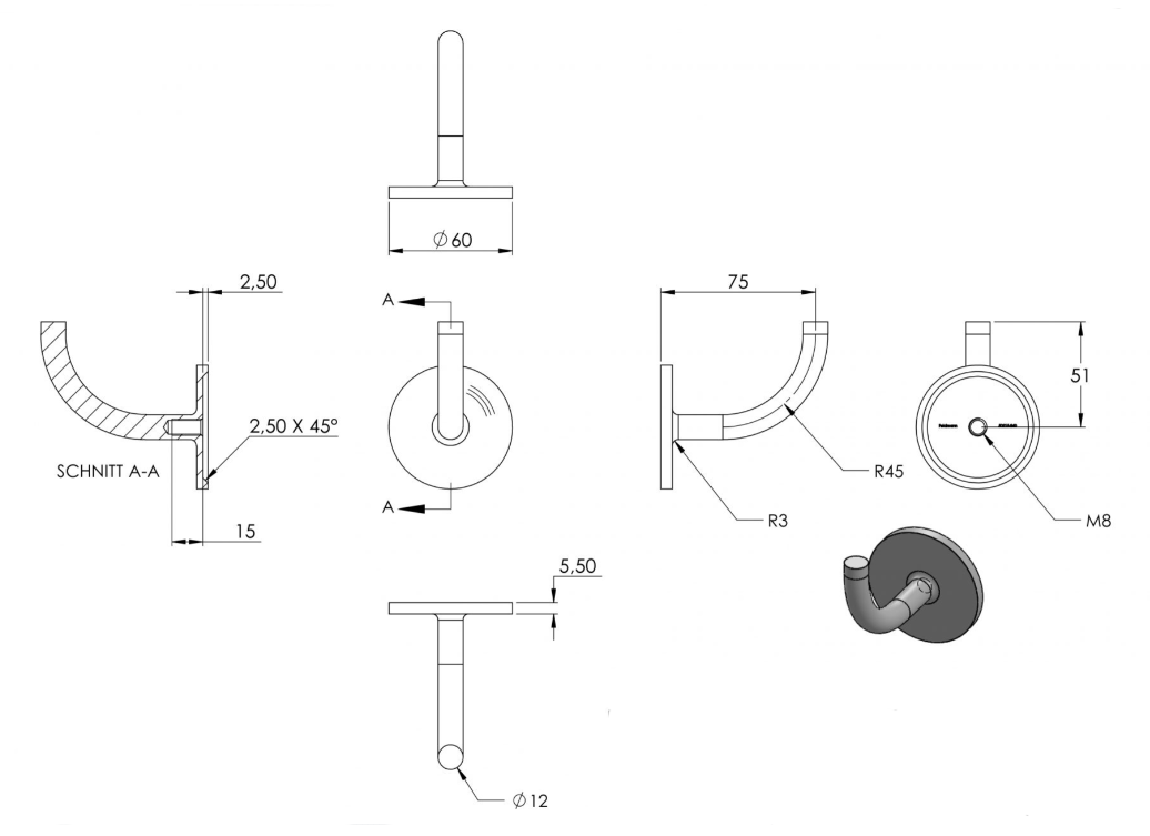 verschweißter Handlaufhalter mit Innengewinde M8, zum Anschweißen des Handlaufs, V2A / V4A