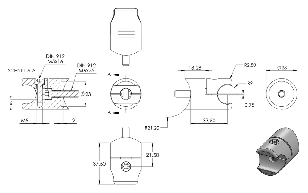 Zeichnung Blechhalter Ø 18 mm Anschluss Ø 42,4 mm