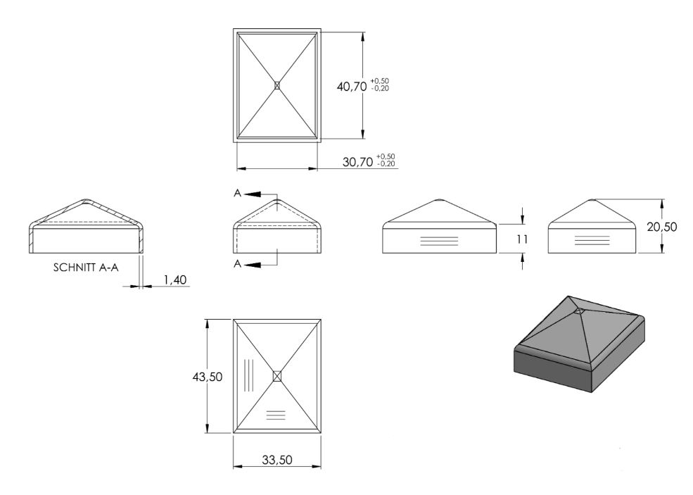 Zeichnung Pyramidenkappe für Rohr 40 x 30 mm