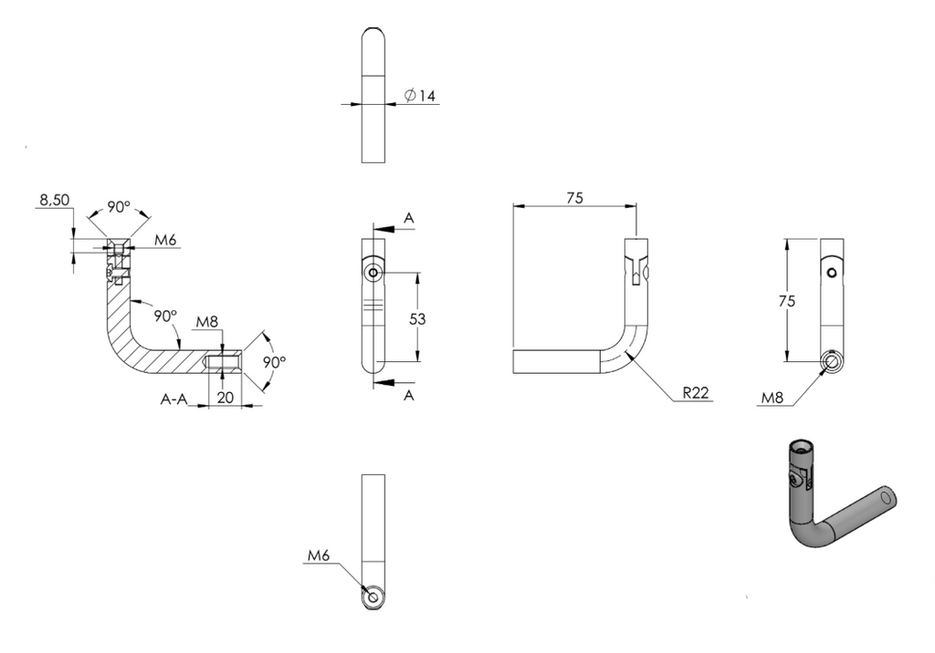 Zeichnung Gelenkbügel Ø 14 mm, Gewinde M6 x 10 mm / M8 x 20 mm