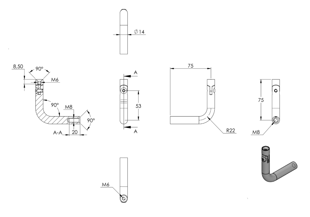 Zeichnung Gelenkbügel Ø 14 mm, Gewinde M6 x 10 mm / M8 x 20 mm