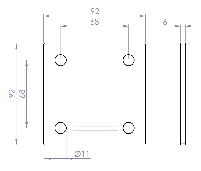 Edelstahl Ankerplatte quadratisch, ohne Fase, 4 Bohrungen, Längsschliff, V2A
