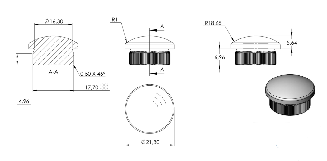 Zeichnung Rohrabschlusstopfen für Rohr Ø 21,3 x 2,0 mm