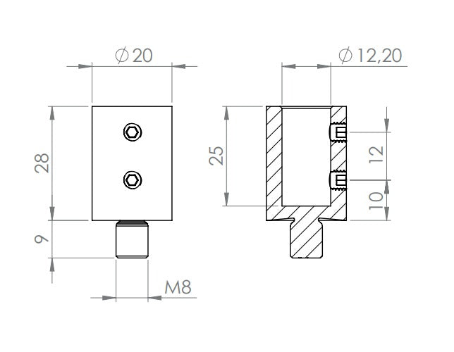 Gewindeadapter M8, für Handlaufhalter mit Stift Ø 12 mm ohne Gewinde, V2A