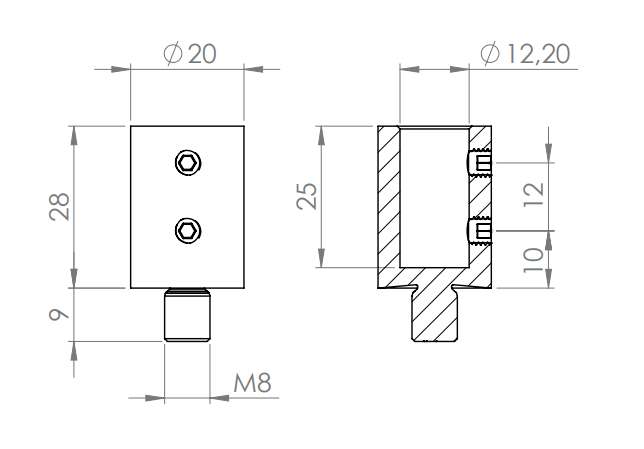 Gewindeadapter M8, für Handlaufhalter mit Stift Ø 12 mm ohne Gewinde, V2A