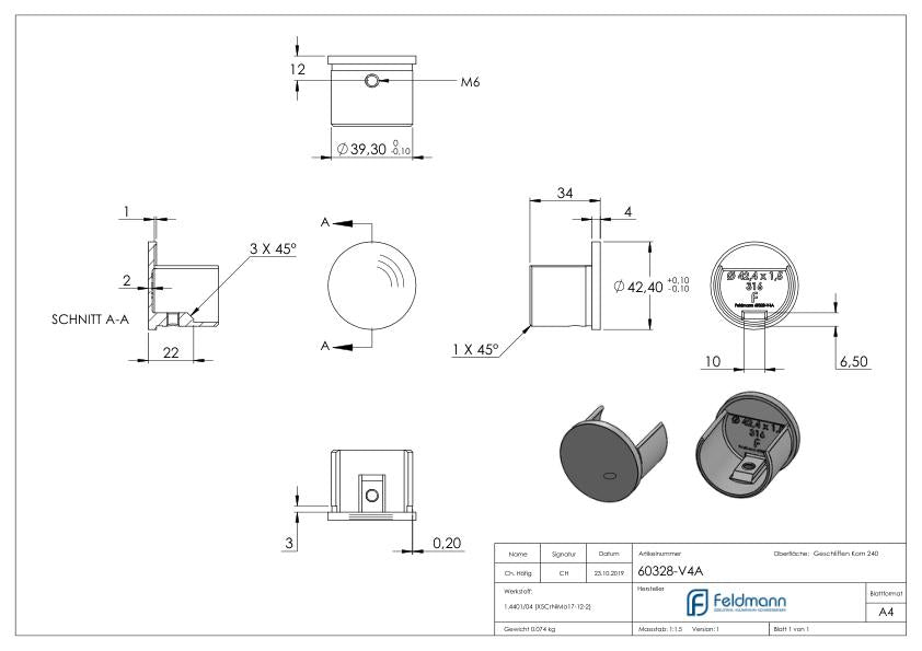 Endkappe flach für Rund-Nutrohr Ø 42,4 mm, Edelstahl, V2A / V4A