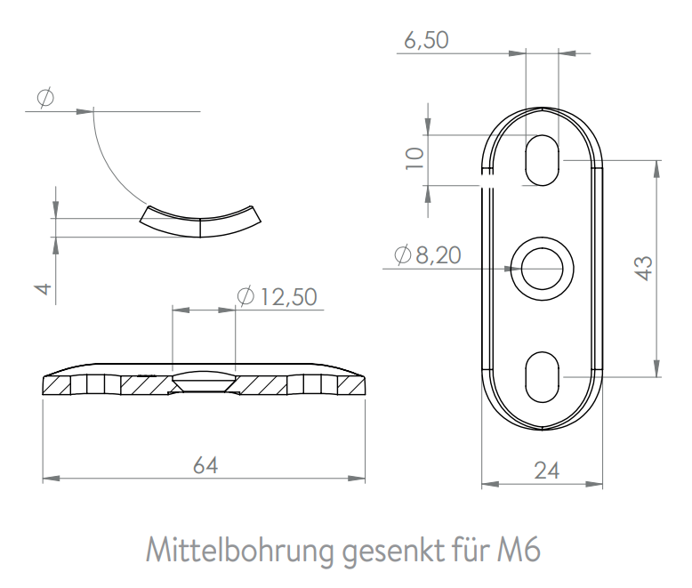 Handlaufanschlussplatte für Rohr, mit Langlöchern, zum Verschrauben, V2A