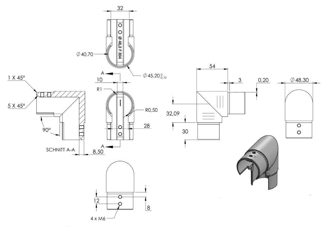 Zeichnung Eckbogen für Nutrohr Ø 48,3 mm