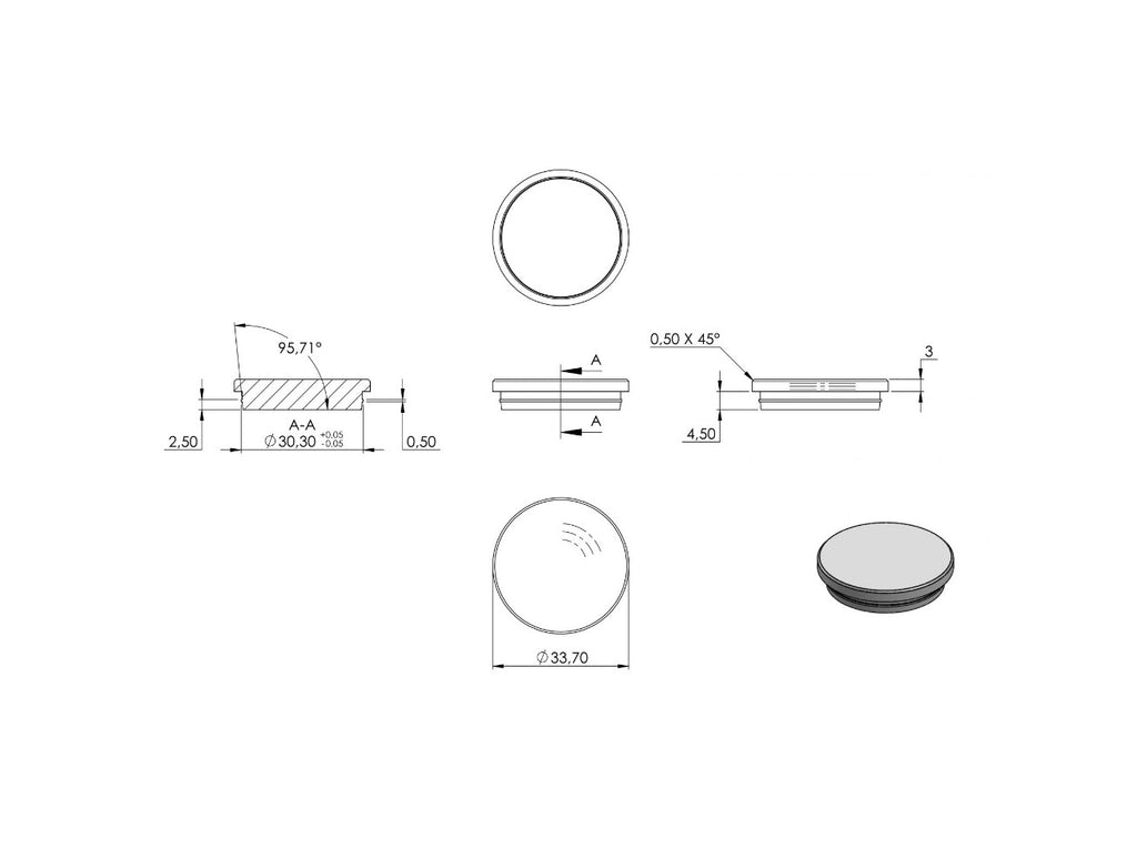 Zeichnung Rohrabschlussstopfen für Rohr Ø 33,7 x 2,0 mm
