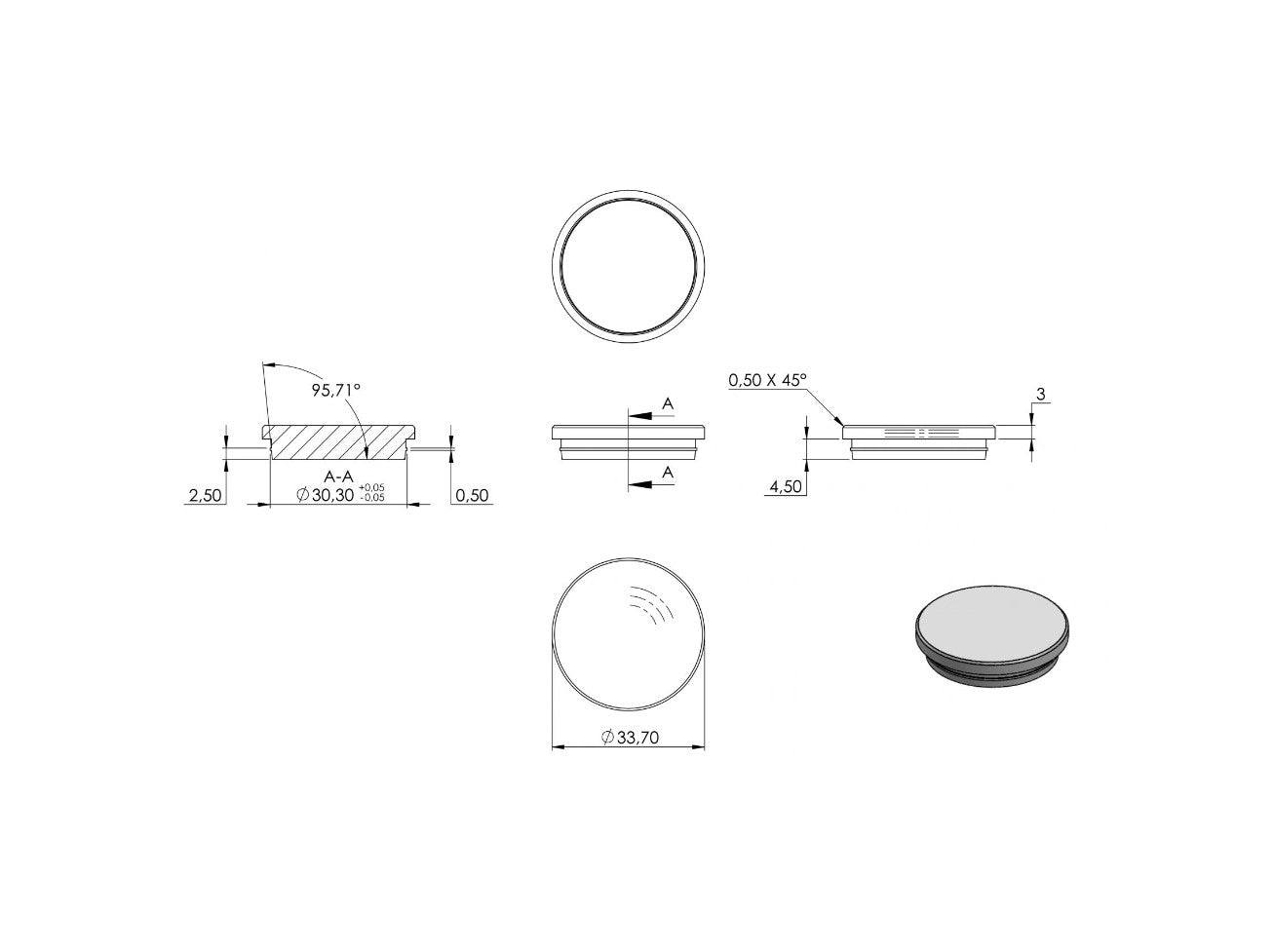 Zeichnung Rohrabschlussstopfen für Rohr Ø 33,7 x 2,0 mm