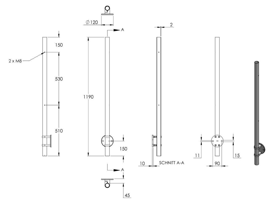Edelstahlpfosten zur Wandmontage, Länge 1190 mm, 2 x M8 Fließformgewinde, V2A