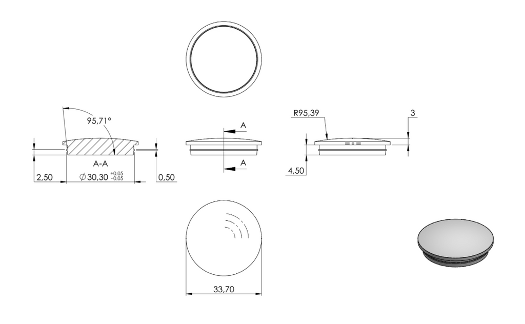 Zeichnung Rohrabschlussstopfen für Rohr Ø 33,7 x 2,0 mm