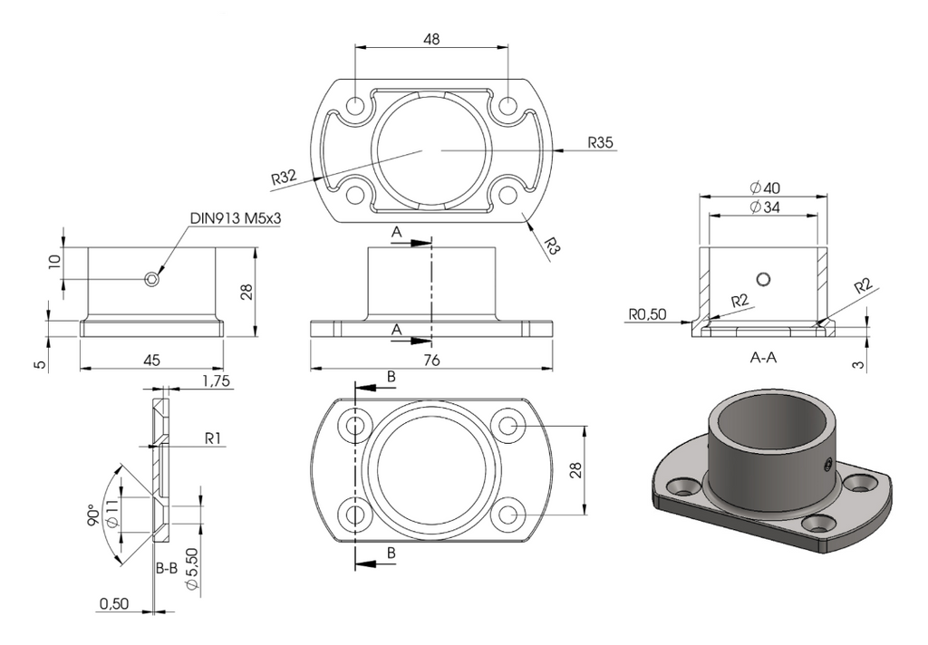 Zeichnung Wand- und Bodenanker für Rohr Ø 33,7 mm