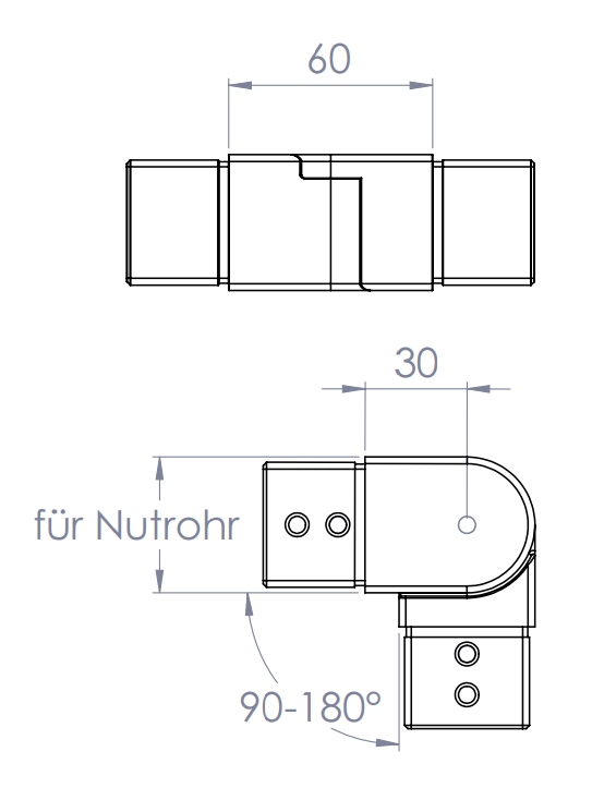 flexibler Verbinder für Quadrat-Nutrohr, seitwärts 90-180°, V4A