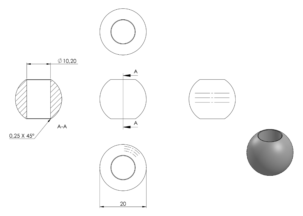 Zeichnung Vollkugel Ø 20 mm mit Durchgangsbohrung Ø 10,2 mm
