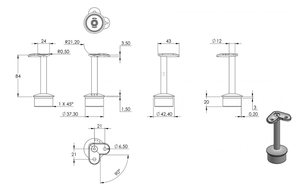 Zeichnung Handlaufstütze für Rohr Ø 42,4 x 2,0 mm, Stift Ø 12 mm