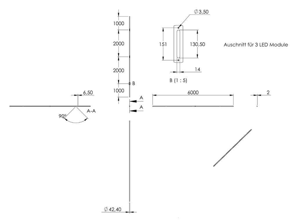 Zeichnung Handlauf Länge 6 m mit 3 Aussparungen für LED-Lichtmodule