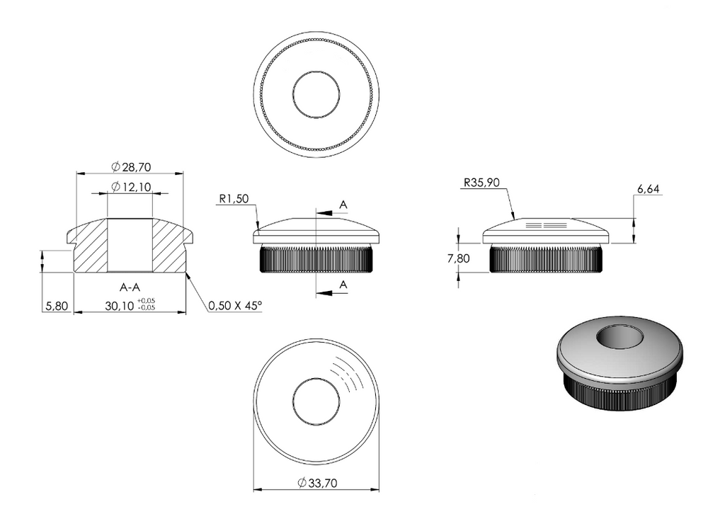 Zeichnung Rohrabschlussstopfen mit Bohrung Ø 12,1 mm, für Rohr Ø 33,7 x 2,0 mm