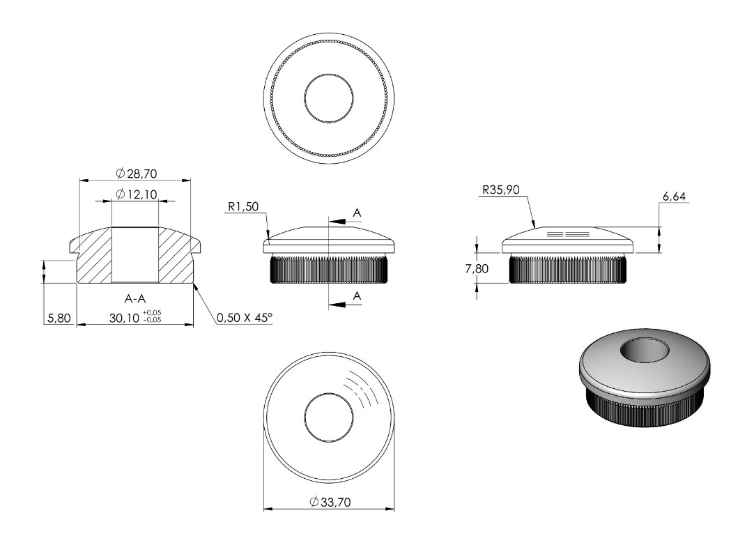 Zeichnung Rohrabschlussstopfen mit Bohrung Ø 12,1 mm, für Rohr Ø 33,7 x 2,0 mm