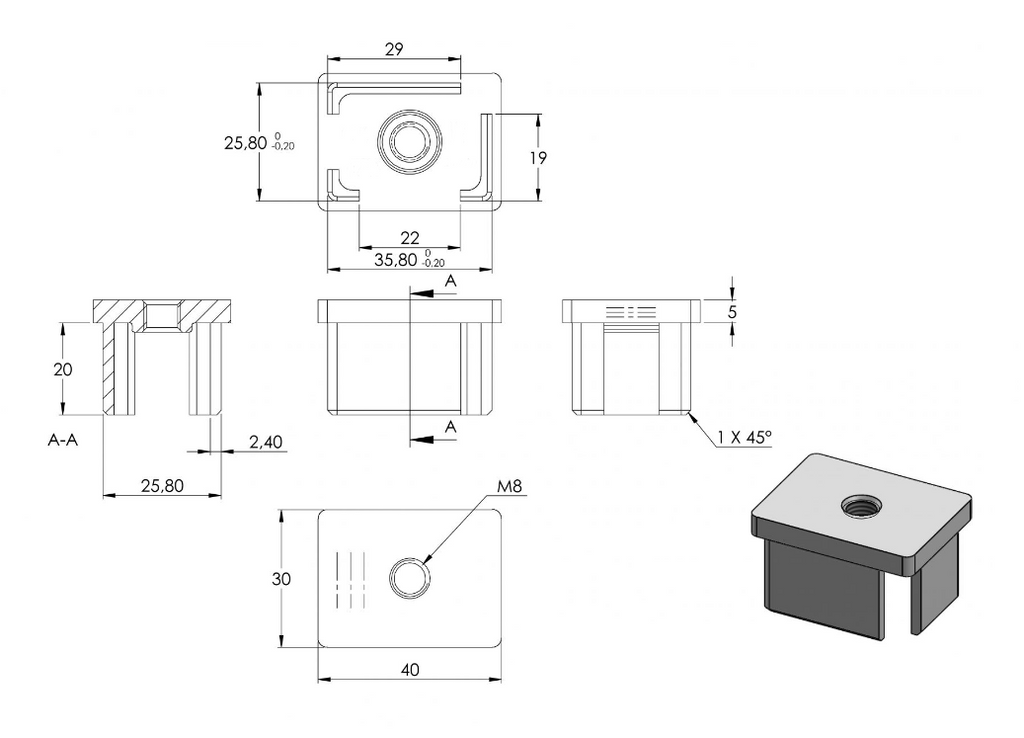Zeichnung Rohrabschlussstopfen für Rohr 40 x 30 x 2,0 mm
