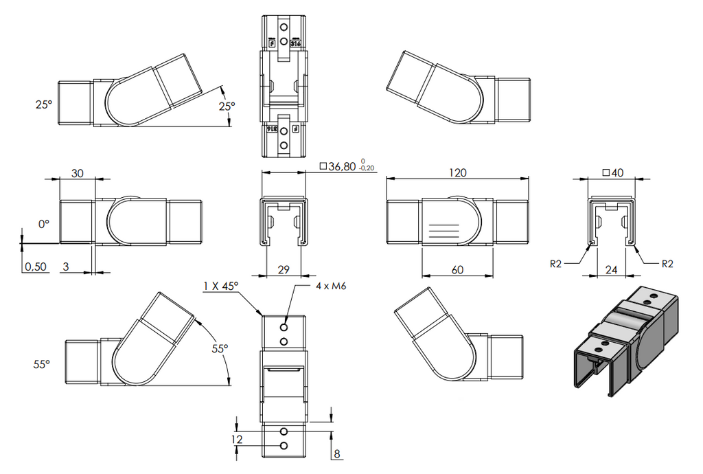 flexibler Verbinder für Quadrat-Nutrohr, aufwärts 25-55°, V4A