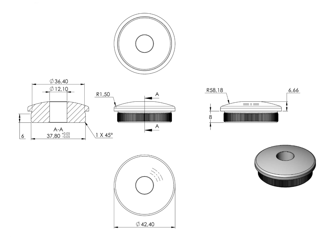 Zeichnung Rohrabschlussstopfen mit Bohrung Ø 12,1 mm, für Rohr Ø 42,4 x 2,5 mm