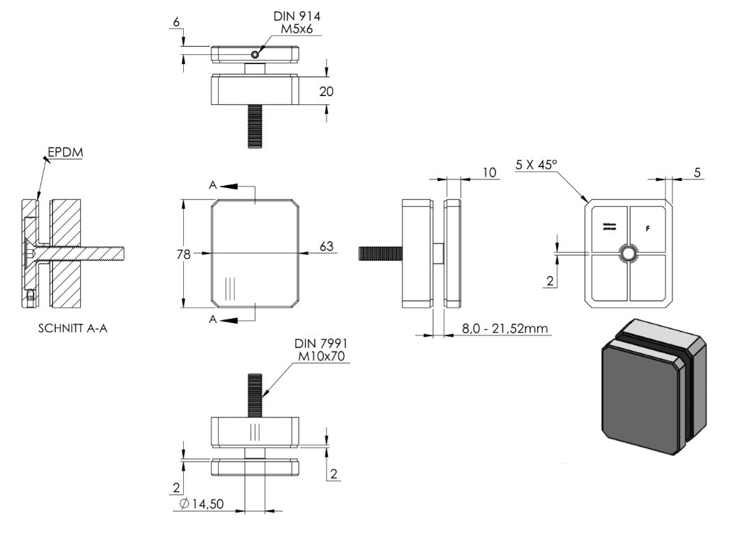 Glaspunkthalter 63 x 78 mm, Klemmbereich 8.0 x 21.52 mm,V2A